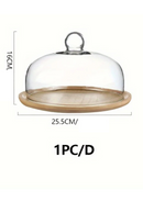 Bandeja de Bolo em Bambu com Tampa de Vidro Decorativa para Sobremesas e Frutas