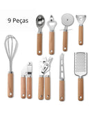 Conjunto de Utensílios de Cozinha com Cabo de Madeira 9 Peças Funcional e Estiloso