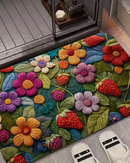 Tapete 3D Morango com Flor Macio, Antiderrapante e Decorativo